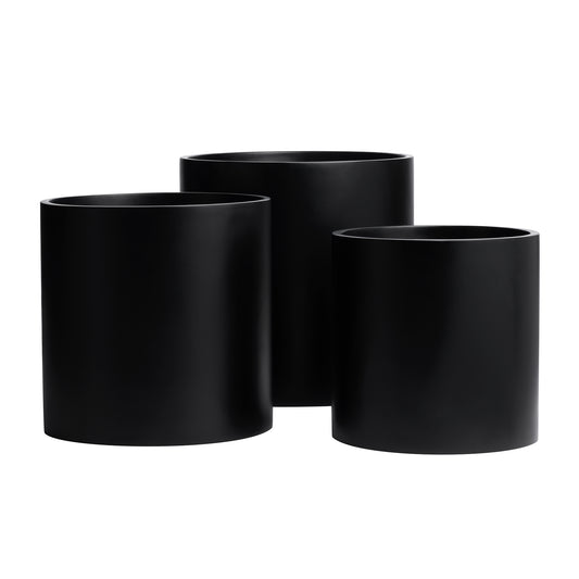 Black Brea Round Cylinder Fiberglass Planter Set