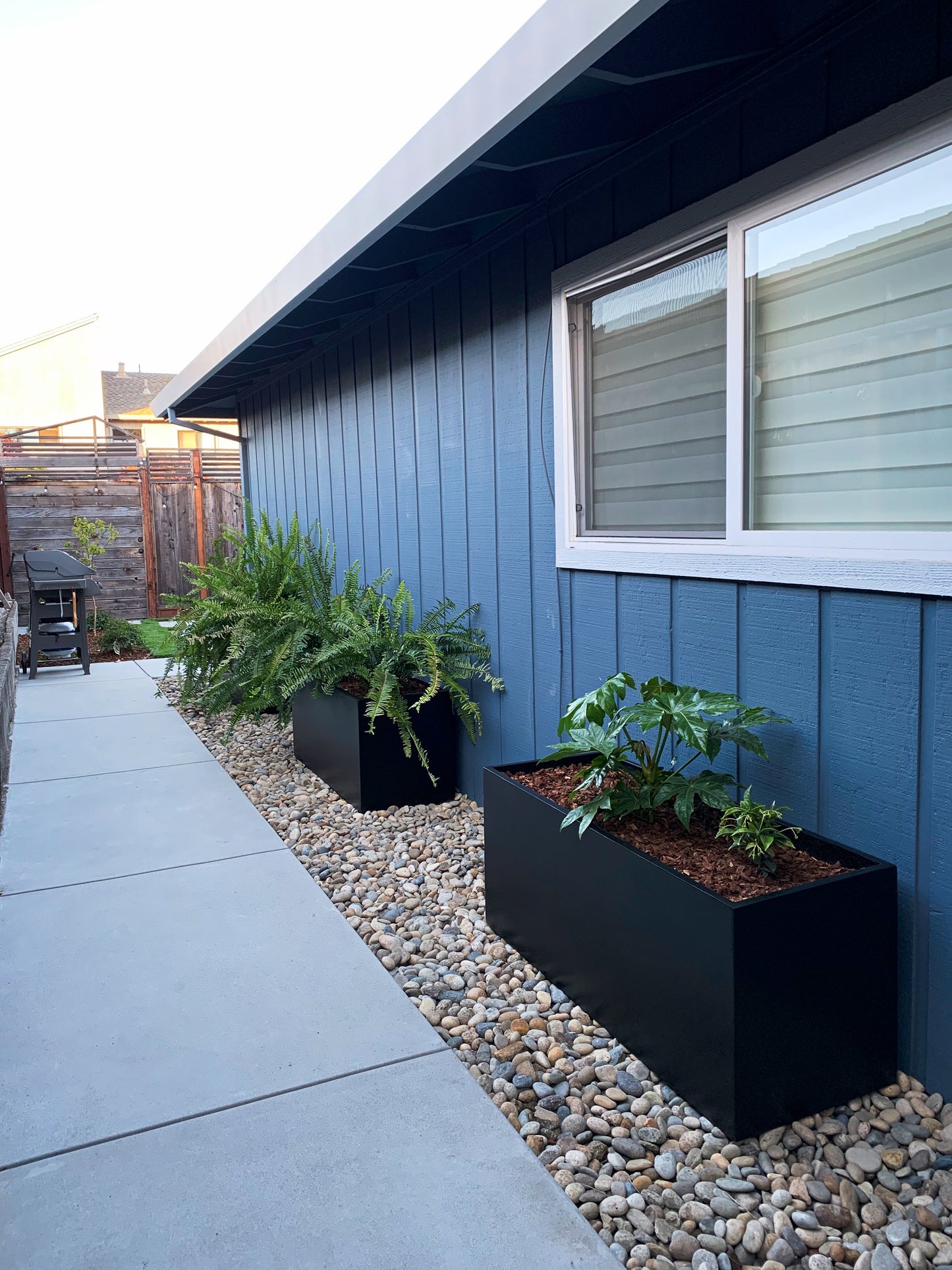 Black Belmont Rectangle Fiberglass Planter Box Walkway Outdoors in front of a Blue House