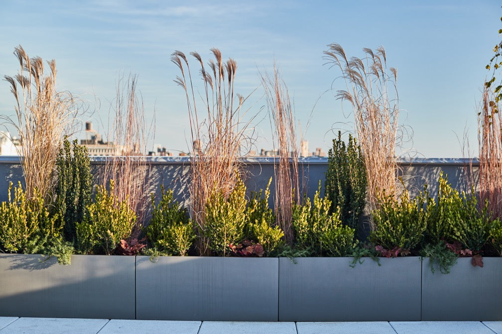 Grey Belmont Rectangle Fiberglass Planter Box Outdoor Patio New York Sky Line