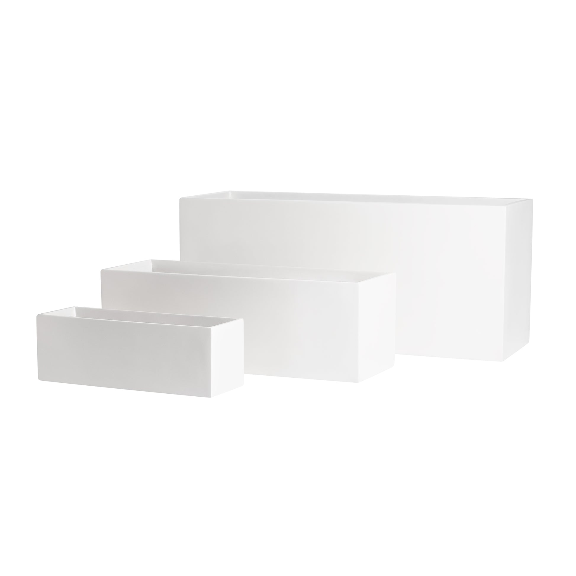 White Belmont Rectangle Fiberglass Planter Box Set