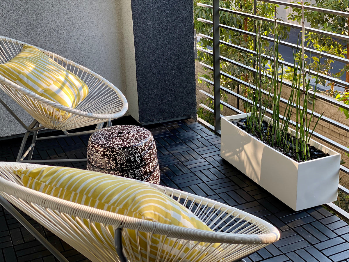 White Belmont Rectangle Fiberglass Planter Box by patio deck