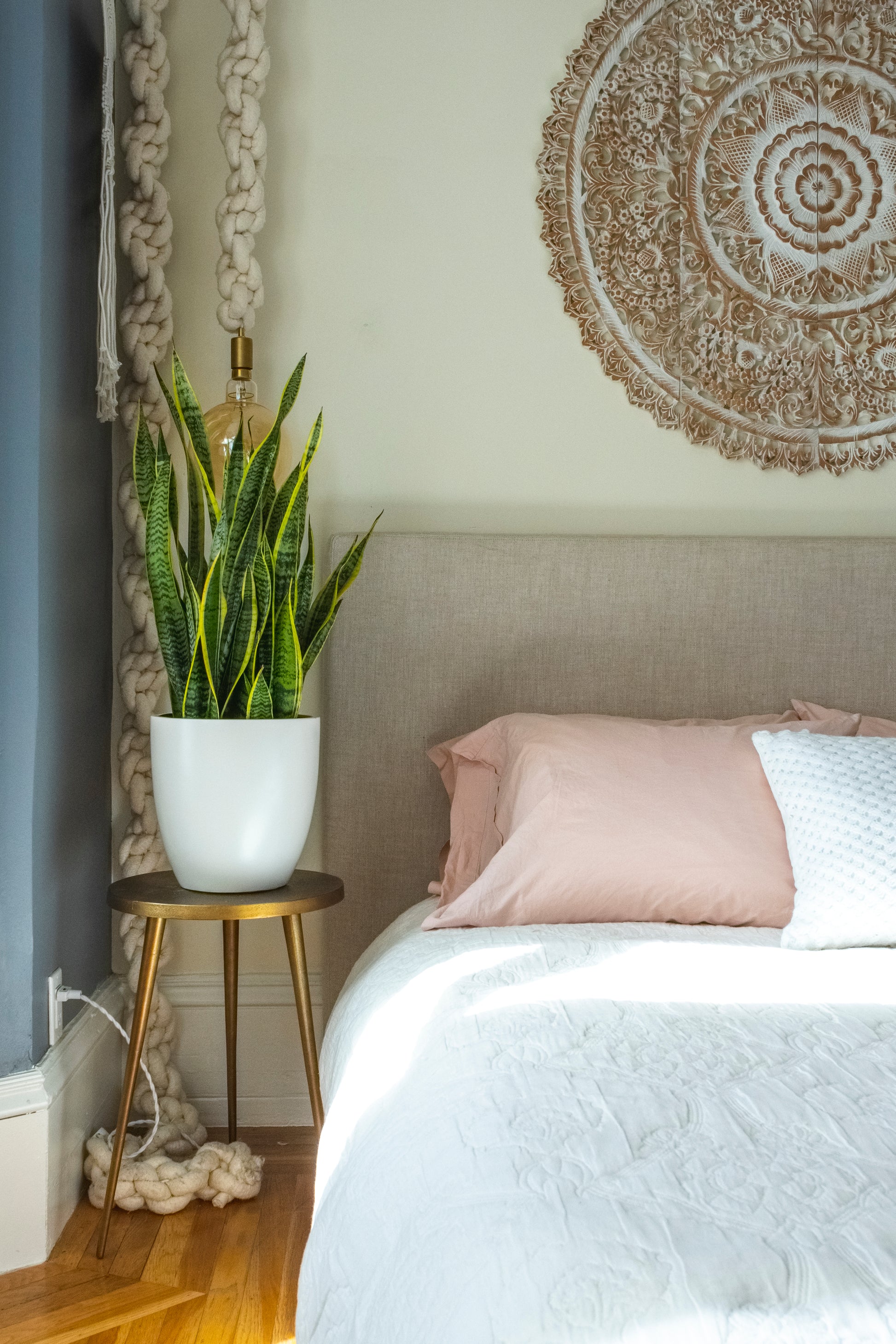 White Napa Round Cylinder Fiberglass Planter by Bed Stand