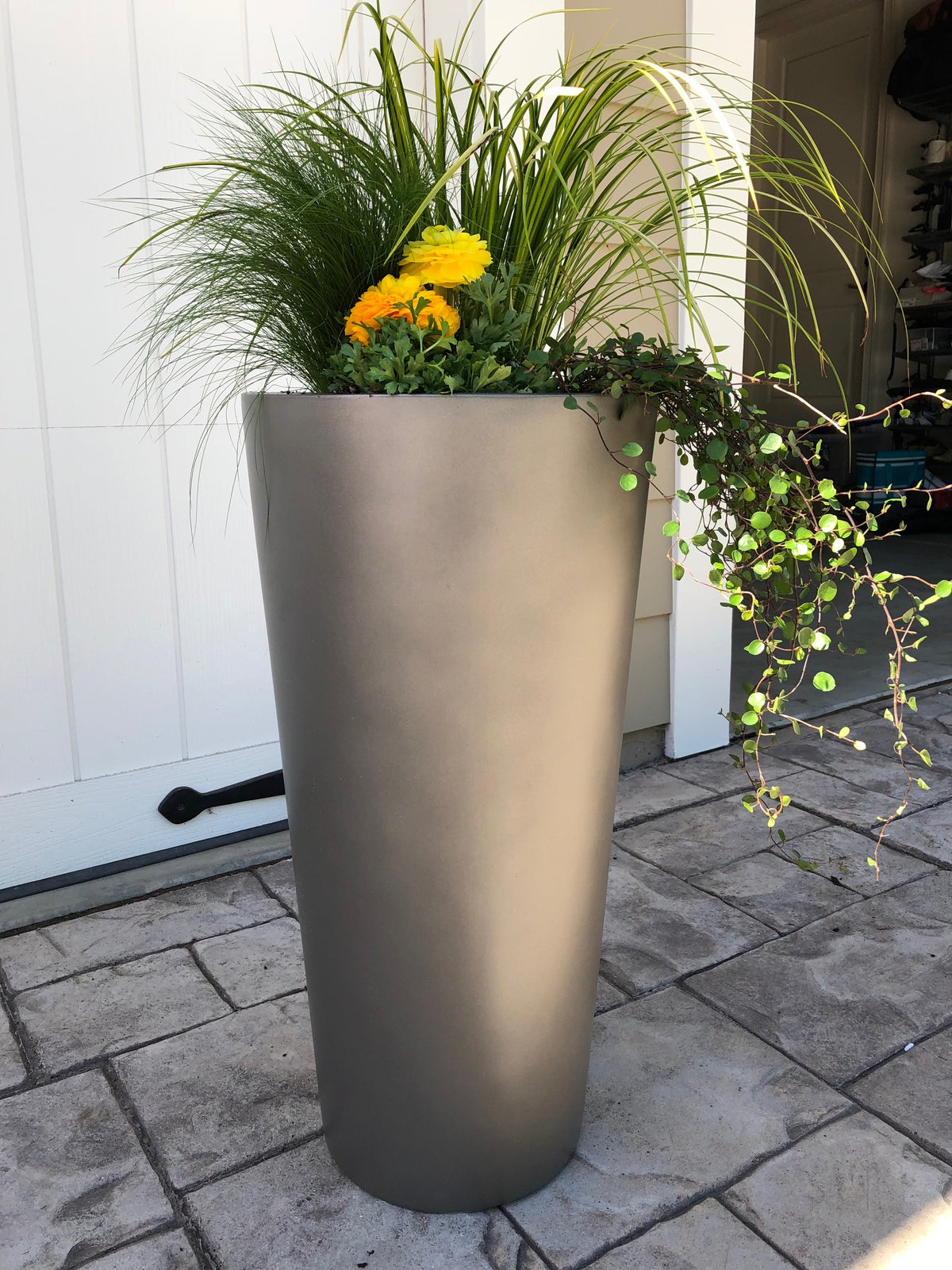 Grey Sonoma Tall Cylinder Fiberglass Planter Outdoor by Garage