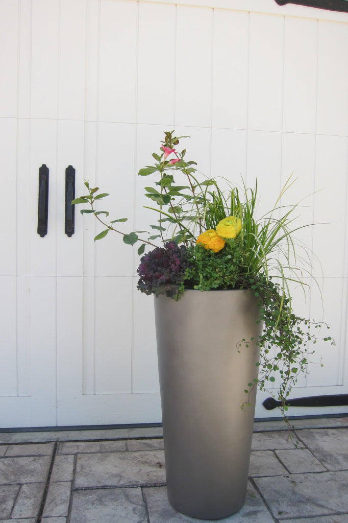 Grey Sonoma Tall Cylinder Fiberglass Planter Outdoor by Garage