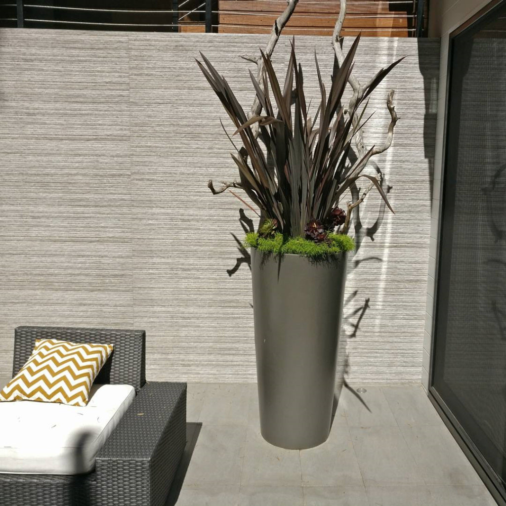 Grey Sonoma Tall Cylinder Fiberglass Planter Outdoor Backyard