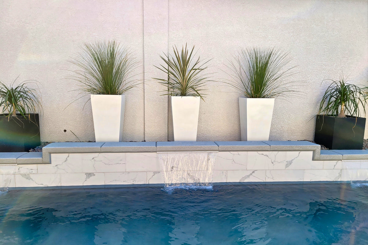 White Windsor Tall Square Fiberglass Planter by Outdoor Pool